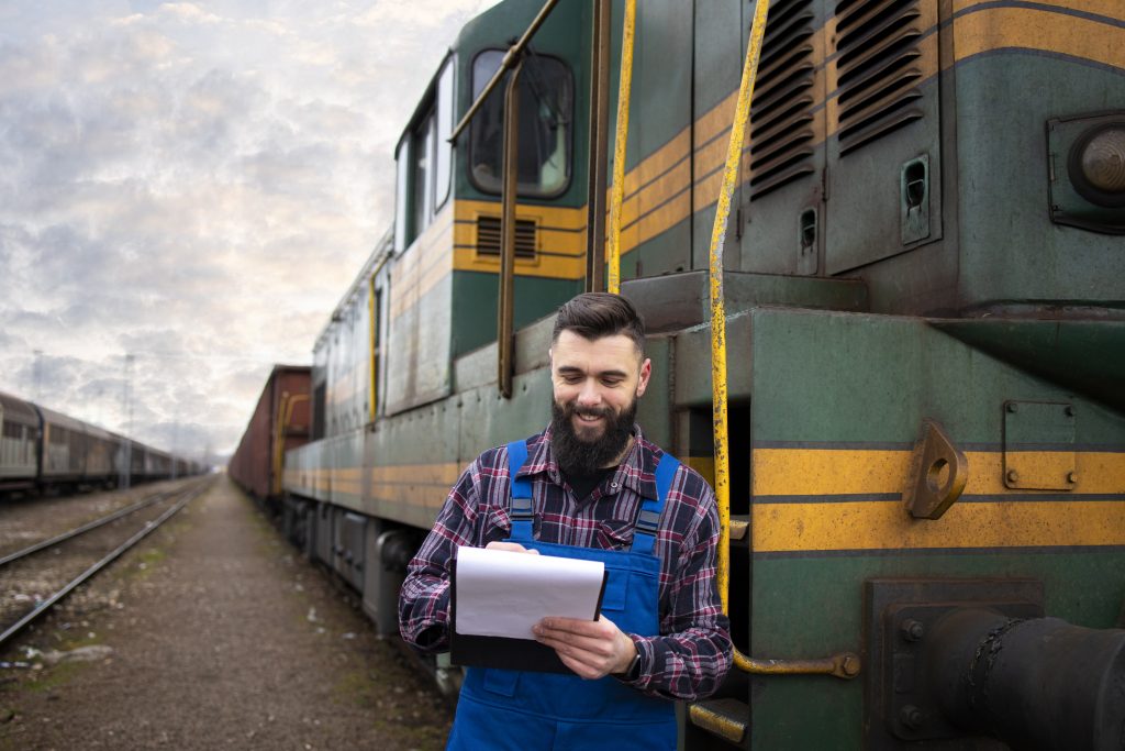 Portrait of engine train driver standing by locomotive at train station and holding departure schedule